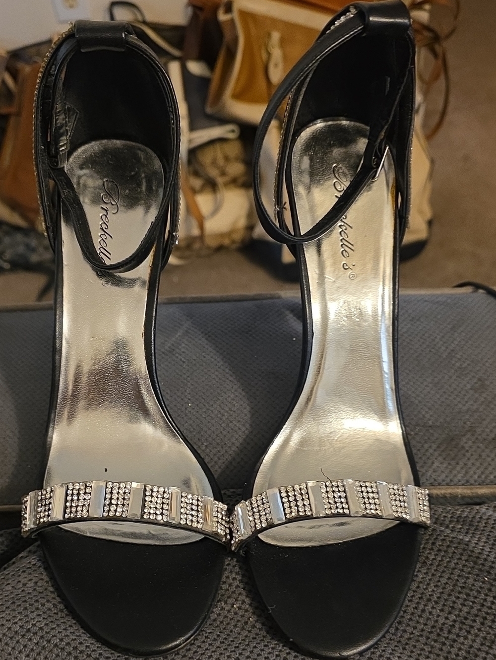 Breckelles Black Ankle-Strap Evening Sandals with Rhinestone Accent